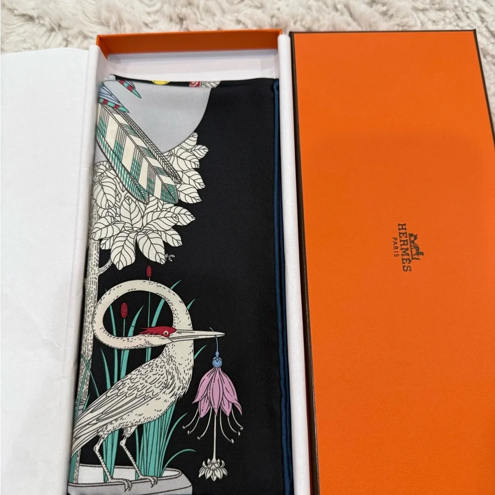 Hermes Floral & Giraffe Print Silk Scarf in Gray, Red, Blue, Pink